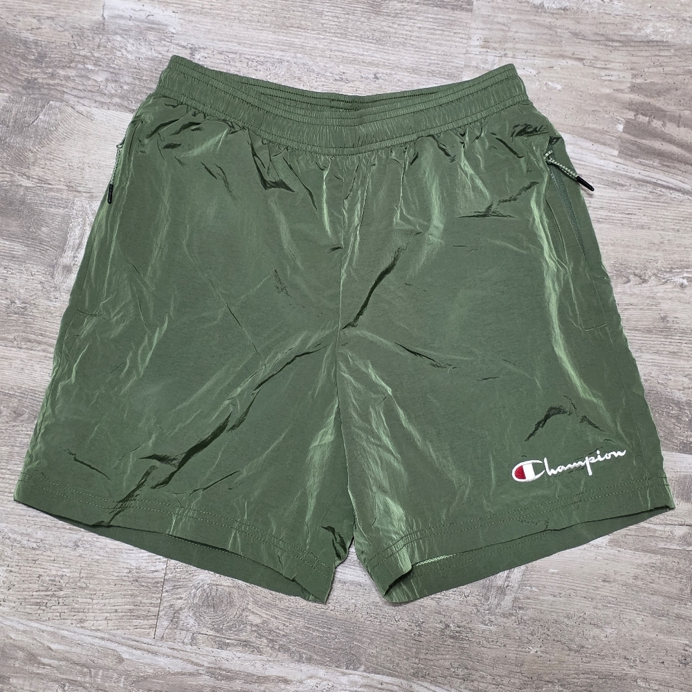 Champion Mens Green Nylon Warmup Shorts Mesh Lined Zip Pockets Size Small - Picture 3 of 7